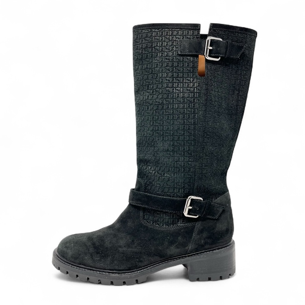 Fendi FF Logo Monogram Chunky Black Suede Tall Biker Moto Riding Boots 39.5 9.5